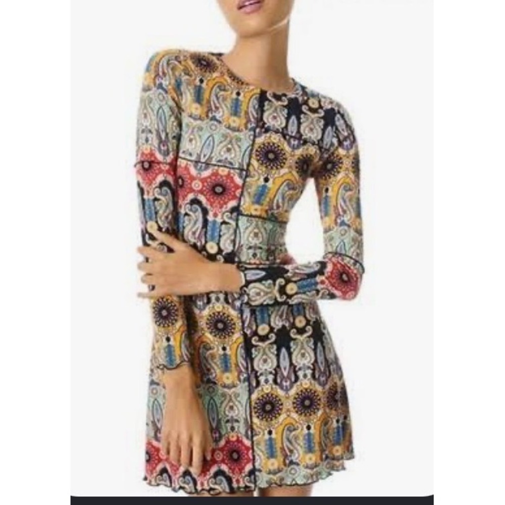 Alice + Olivia Delora Paisley Mosaic Patchwork Retro Mini Dress Multi-Color Sz 8
